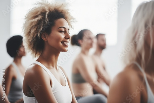 Group of mixed race smiling people practicing yoga in the gym, close up