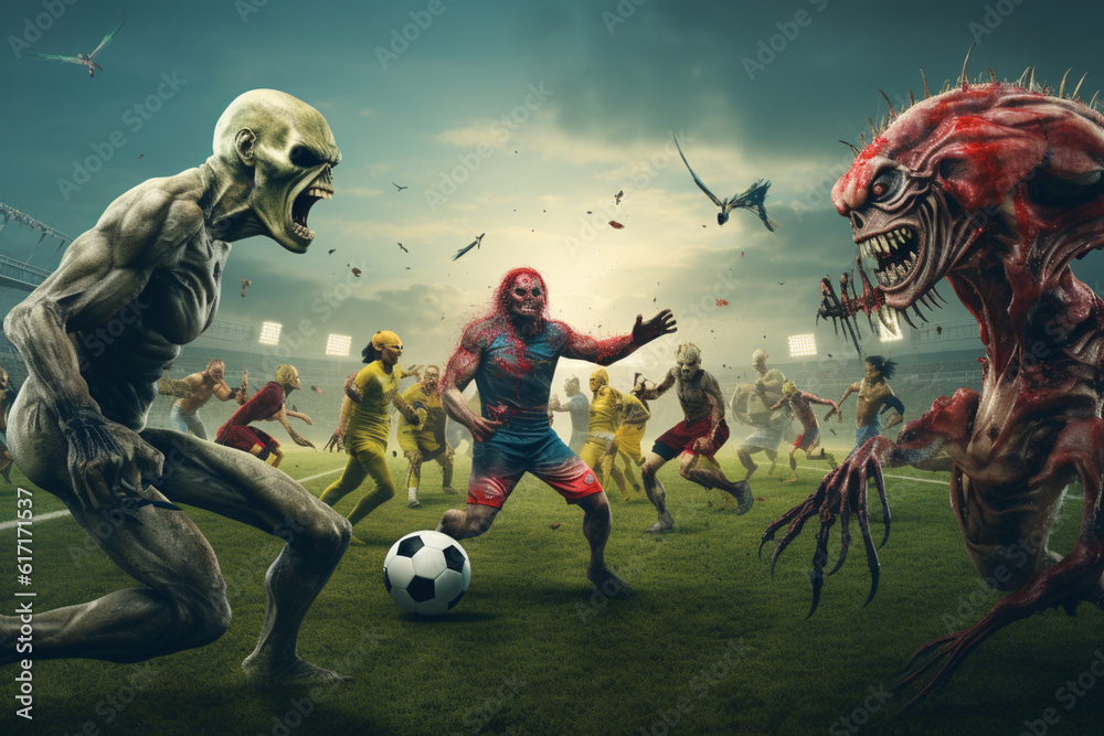 Evil nightmare alien monsters playing football on the field. Scary illustration of monsters having fun. Generated by AI