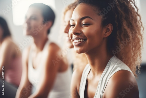 Group of mixed race smiling women practicing yoga in the gym close up