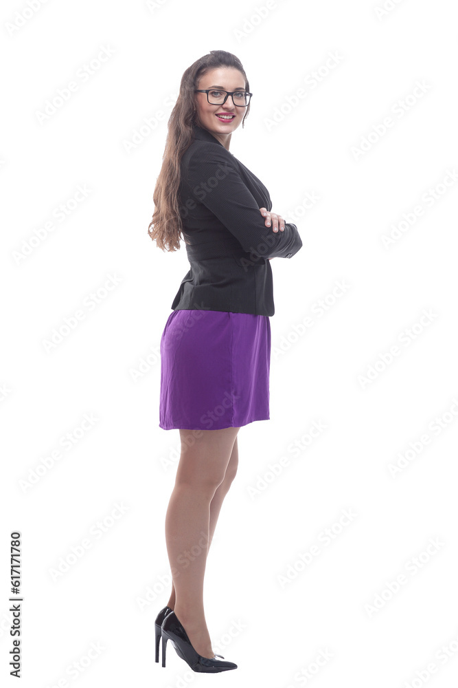 side view. smiling businesswoman looking at the camera side view. smiling businesswoman looking at the camera
