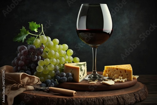 A glass of red wine with grapes and a delicious cheese plate generated by AI