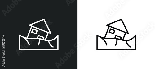 landslide and house line icon in white and black colors. landslide and house flat vector icon from landslide house collection for web, mobile apps ui.