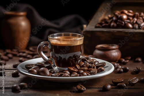 Espresso Cup With Beans On Wooden Table generated by AI