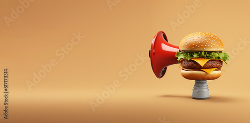 3d burger making an announcement with megaphone. Empty Copy Space for text. Generative AI.