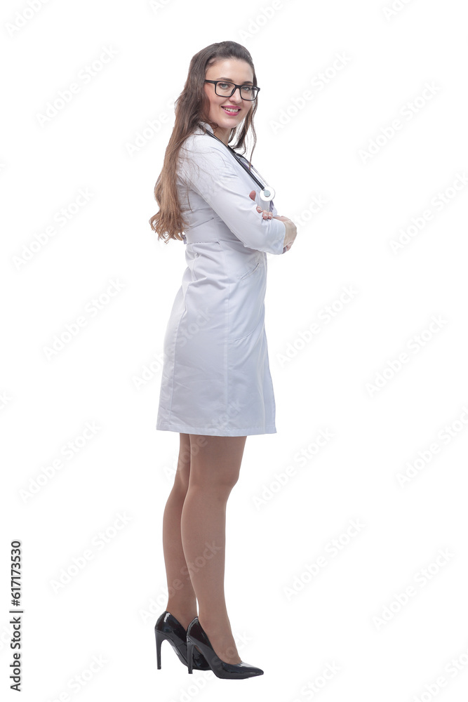 side view. female therapist with a stethoscope looking at the camera side view. female therapist with a stethoscope looking at the camera