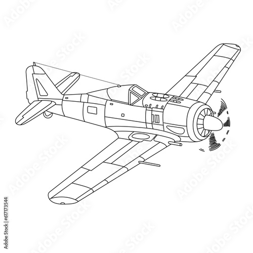 Focke-Wulf Fw 190 Aircraft War World II Fighter Coloring Page. Vintage War Plane. Military Airplane Vector Illustration. German Fighter Plane 1941