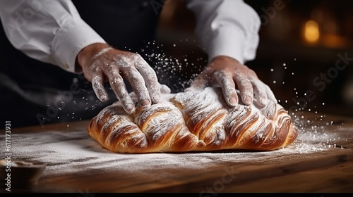 A close-up shot of a baker dusting a freshly baked pastry with powdered sugar, adding a touch of elegance and sweetness to the already enticing treat Generative AI