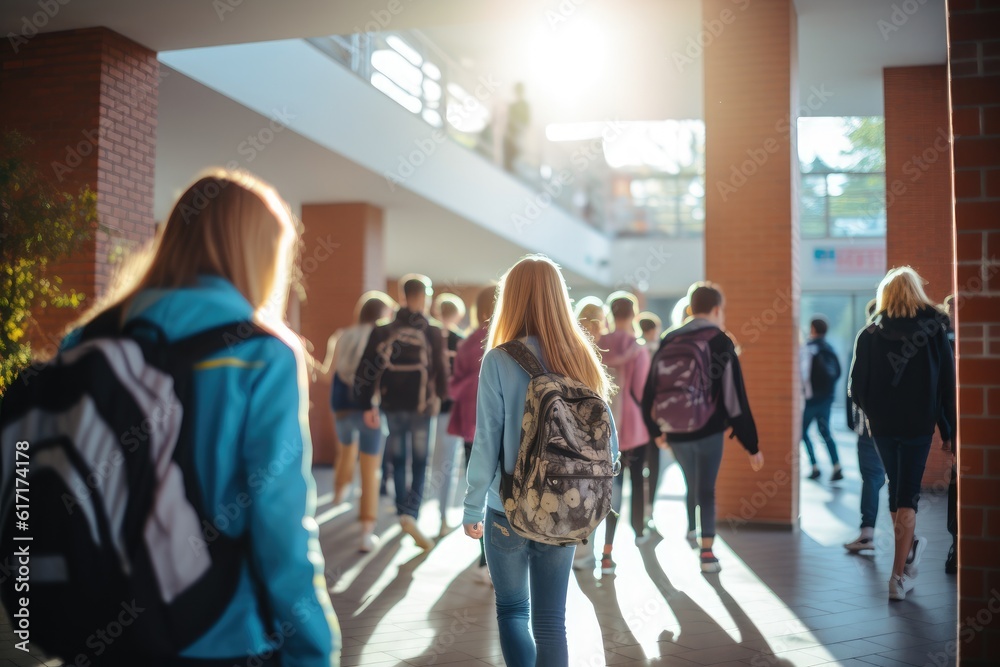 Photo of students, walking down corridor at school, by Generative AI