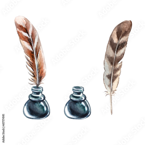 Writer's set of ink and pen. Watercolor hand drawn illustration of an old inkwell and feathers for writing on a white background. Clipart for the design of the author's blog. photo