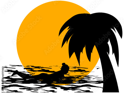 tropical scene of silhouette of a woman surfing in the ocean with palm tree and setting sun 