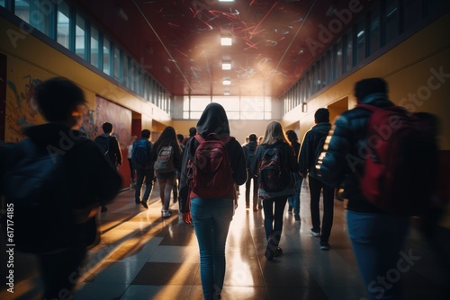 Photo of students, walking down corridor at school, by Generative AI