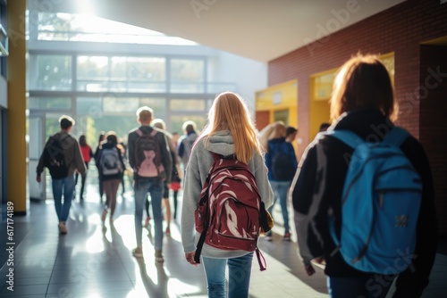 Photo of students, walking down corridor at school, by Generative AI