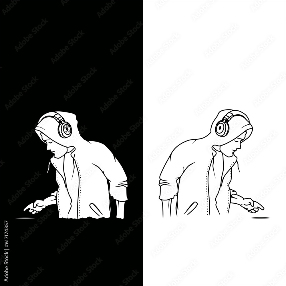 Fototapeta premium illustration of a person listening to headphones through his hoodie in high contrast card