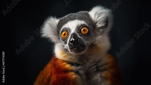 Close-up of a studio portrait of a feline lemur. Cute Madagascar animal. Generative AI © Helen-HD