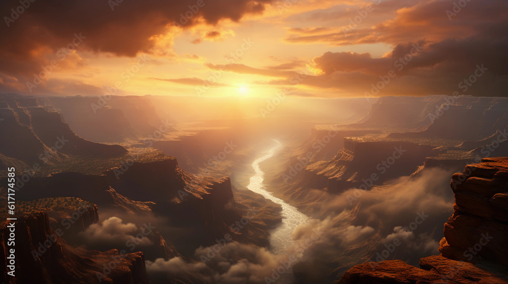 A vast panorama of the Grand Canyon at sunrise, color - rich and textured, with a glowing sun rising over the rugged horizon