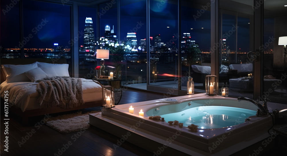 modern bedroom hot tub on patio suite  big windows view on at blue night city,generated ai