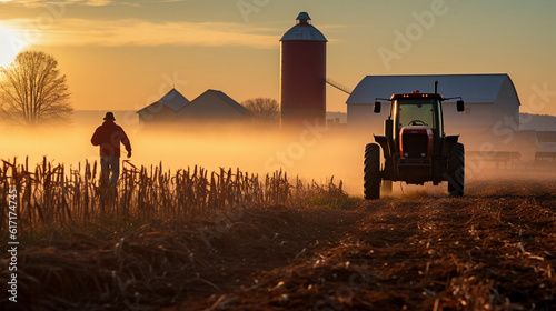 An early morning snapshot of a busy farm, ripe golden cornfields stretching out in the distance under the glow of sunrise, farmer busy tending to his crops with an old red tractor, livestock like cows
