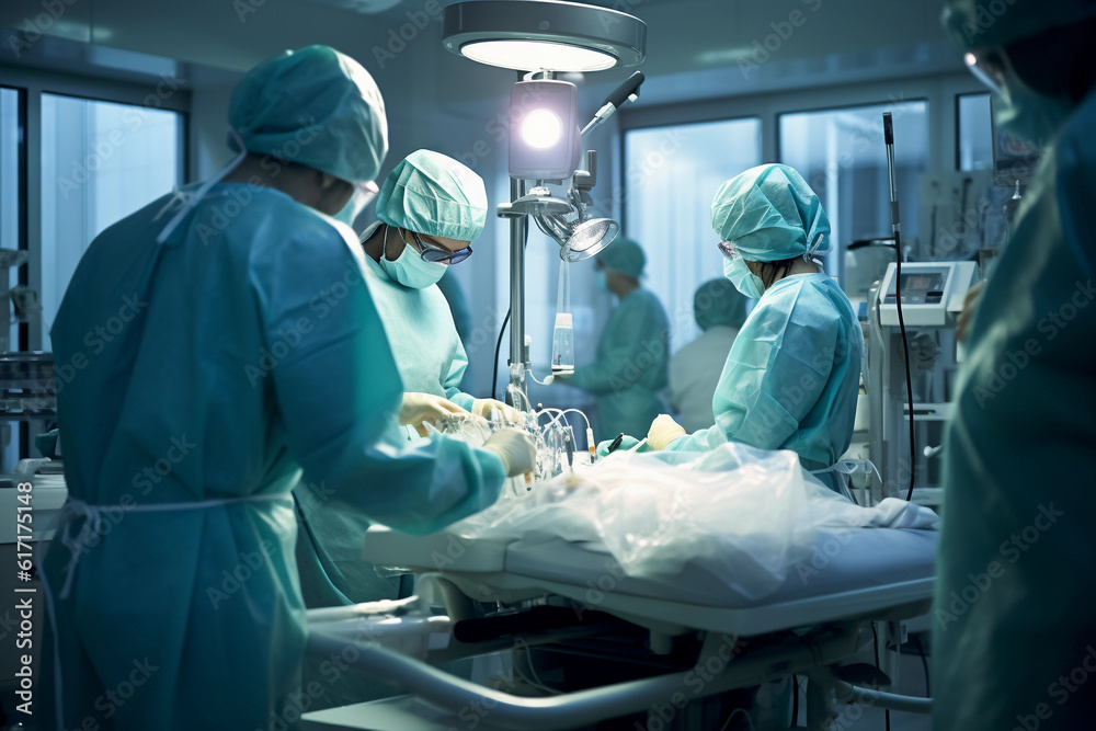 Φωτογραφία Hyper - realistic photograph of a busy emergency room, focused on a group of doctors and nurses in blue scrubs meticulously working on a patient, under harsh fluorescent lights