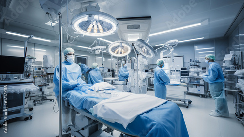 Highly detailed, hyper - realistic photograph of a hospital operation theater, filled with pristine medical equipment gleaming under the sterile white light. Foreground focused on a surgeon, mid