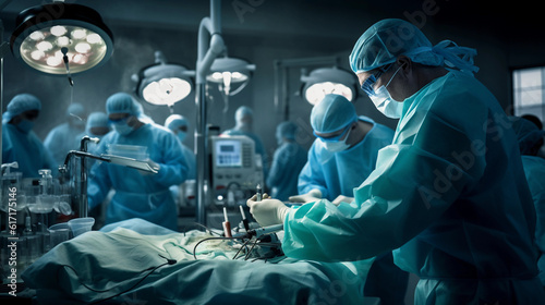 Hyper - realistic photograph of a busy emergency room, focused on a group of doctors and nurses in blue scrubs meticulously working on a patient, under harsh fluorescent lights. Elements of urgency an