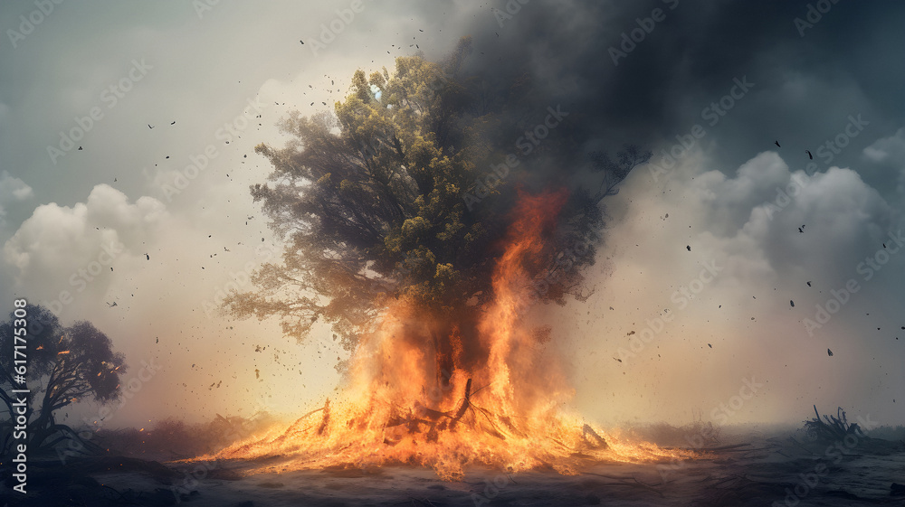 global warming concept, illustration, tree burning, forest fire destroying nature, ecological disaster, flame and ashes burning landscape, made with generative AI