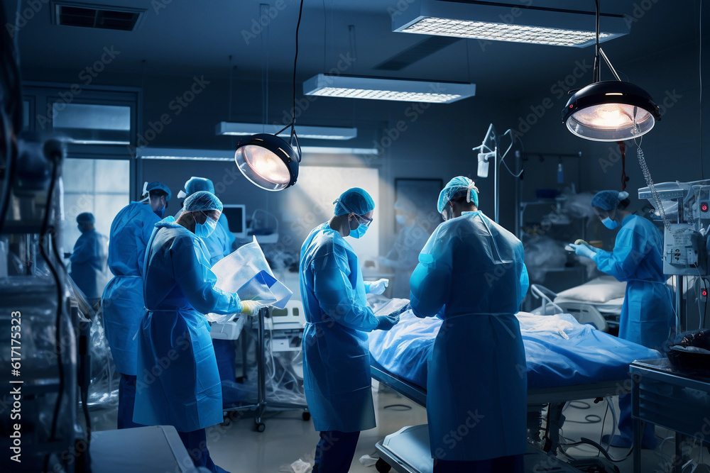 Highly detailed, hyper - realistic photograph of a hospital operation theater, filled with pristine medical equipment gleaming under the sterile white light. Foreground focused on a surgeon, mid 40's, Highly detailed, hyper - realistic photograph of a hospital operation theater, filled with pristine medical equipment gleaming under the sterile white light. Foreground focused on a surgeon, mid 40's,