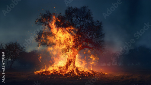 global warming concept, illustration, tree burning, forest fire destroying nature, ecological disaster, flame and ashes burning landscape, made with generative AI