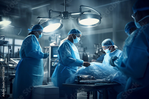 Highly detailed, hyper - realistic photograph of a hospital operation theater, filled with pristine medical equipment gleaming under the sterile white light. Foreground focused on a surgeon, mid 40's,