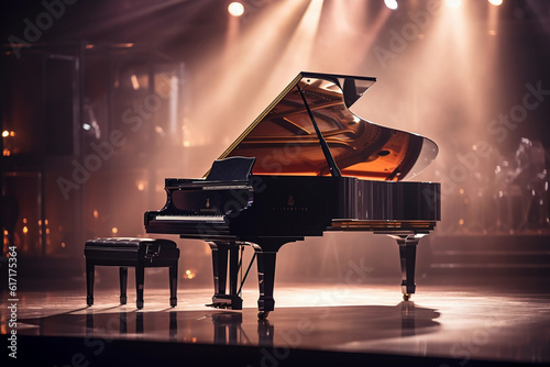 Hyper - realistic photograph of a grand piano on a spotlit stage, mid - concert, with a solo pianist passionately playing. Audience in soft focus in the background, richly lit theatre setting photo