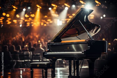 Photo Hyper - realistic photograph of a grand piano on a spotlit stage, mid - concert, with a solo pianist passionately playing