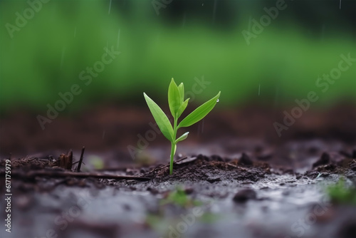 Green seedling growing on the ground in the rain. Concept of the save, generative ai