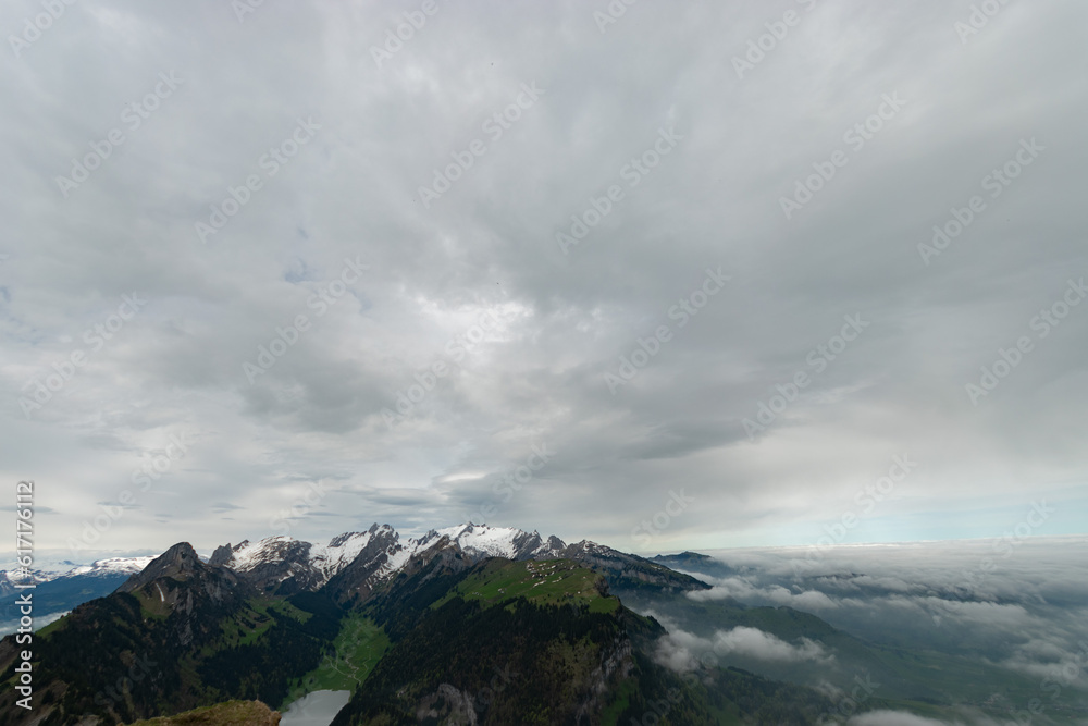 Mount Saentis seen from the top of the mount hoher Kasten in Switzerland
