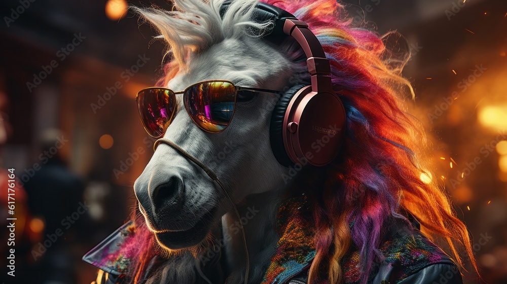 Unicorn DJ wearing headphones and sunglasses
