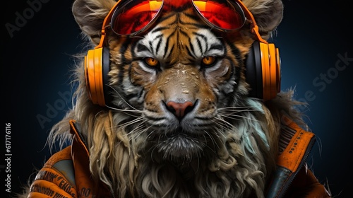 Epic tiger DJ wearing headphones and glasses