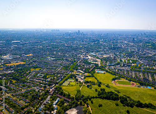 Fototapeta Naklejka Na Ścianę i Meble -  Aerial view of Hampstead Heath, a grassy public space and one of the highest points in London, England