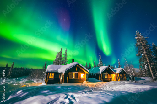 Above the dense forest, the captivating Aurora borealis paints a celestial masterpiece, enhancing the charm of the wooden house below. Generative AI.
