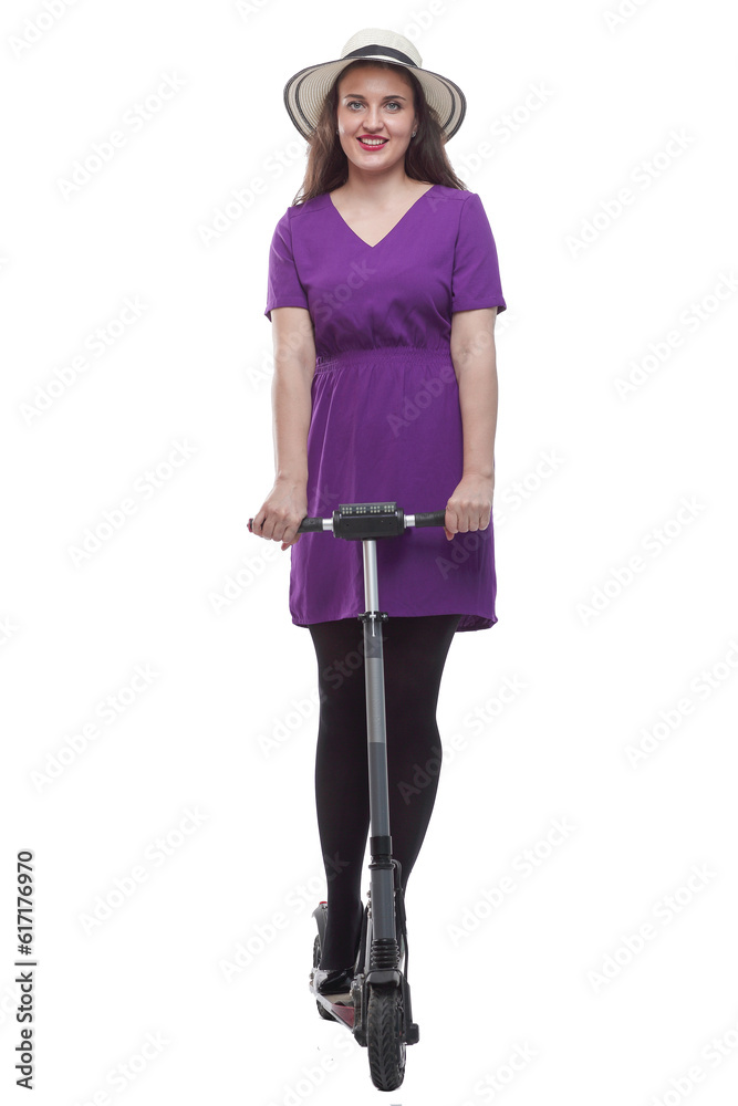 full length . happy modern woman with a scooter full length . happy modern woman with a scooter