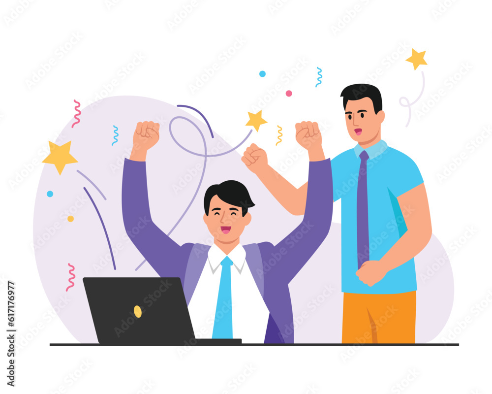 Vector illustration of happy office workers looking at laptops. Cartoon scene with smiling men looking at laptops and celebrating victory with streamers, confetti isolated on white. Business team. Vector illustration of happy office workers looking at laptops. Cartoon scene with smiling men looking at laptops and celebrating victory with streamers, confetti isolated on white. Business team.