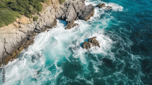 Aerial view of sea waves and fantastic Rocky coast, Montenegro, top view, generative ai
