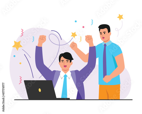 Vector illustration of happy office workers looking at laptops. Cartoon scene with smiling men looking at laptops and celebrating victory with streamers, confetti isolated on white. Business team.