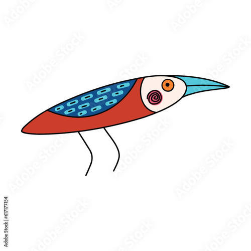 Cute tribal bright bird, Modern flat illustration in a trendy doodle style
