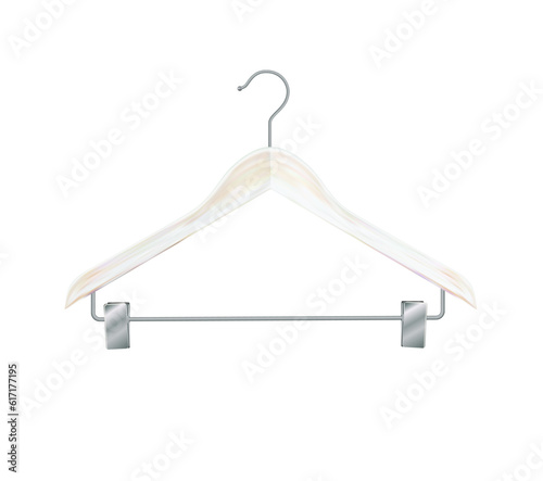 Wooden clothes hangers Clothes hanger made of white wood. Realistic vector clothes hanger wooden hanger closeup isolated on background. Design template, clipart or layout for graphics. Vector