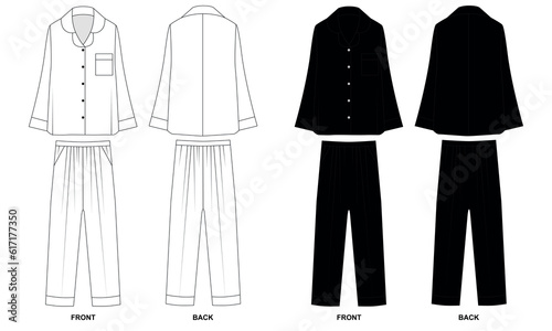 A collection of vector drawings of pajamas in white and black. A set of silk sleep shirt and pants. Template long sleeve shirt and elastic band pants front and back view.