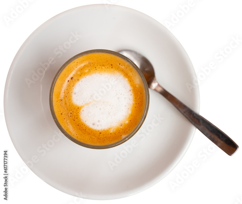 Image of cup of fresh coffee cortado. Isolated over white background