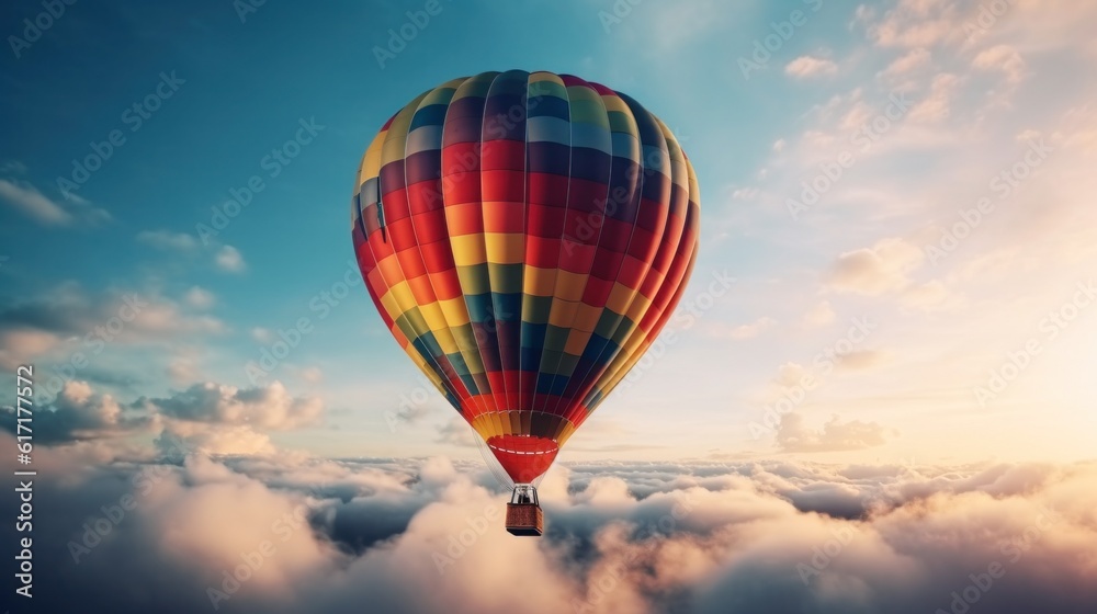  colorful balloon against a blue sky with clouds. Generative AI