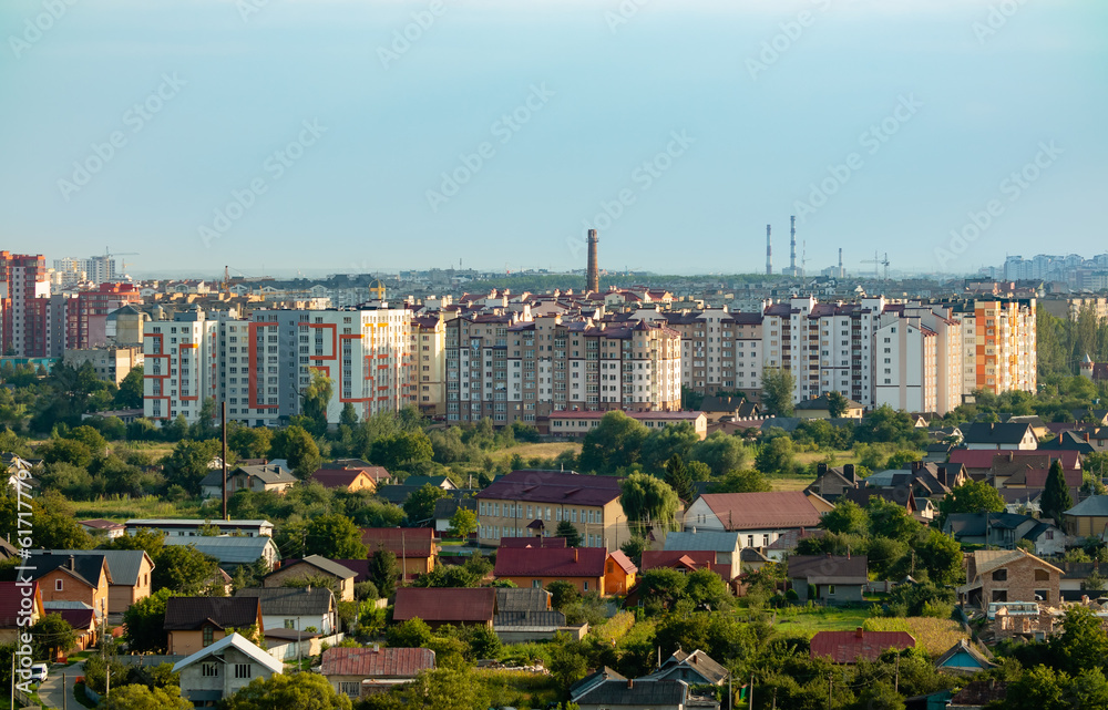 Panorama of Ivano-Frankivsk city with a view of the skyline in a summer evening