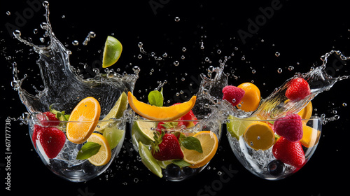 set of cocktail glasses splashing on black background,  Created using generative AI tools.