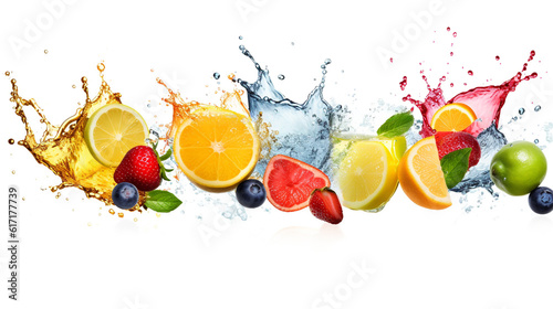 Fresh citrus fruits  crystal ice cubes and splashing water on white background. Banner design  summer refreshment concept   Created using generative AI tools.