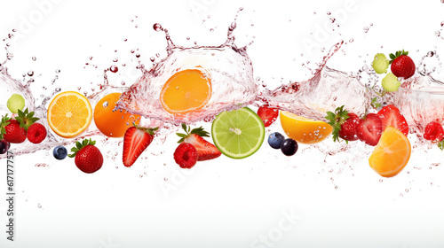 Fresh citrus fruits  crystal ice cubes and splashing water on white background. Banner design  summer refreshment concept   Created using generative AI tools.