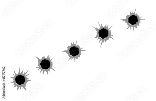 Set of five bullet holes. Isolated on white transparent background. Vector eps 10.